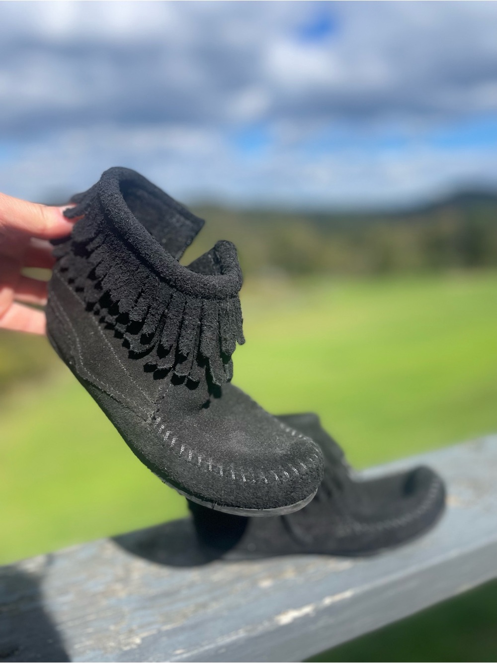 Minnetonka Kids Black Suede Fringe Moccasins